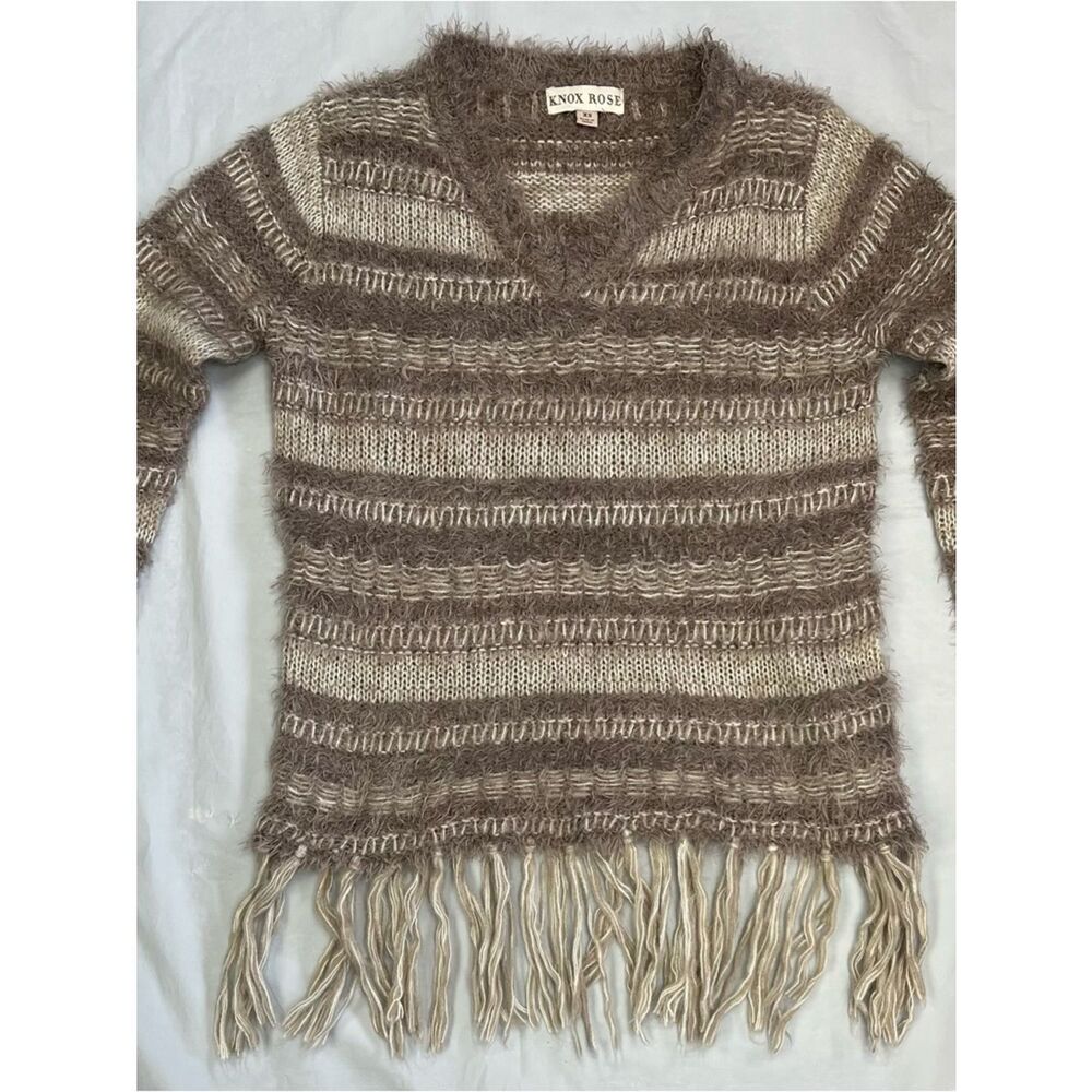 Knox Rose Brown & Cream Striped V-Neck Fringe Sweater